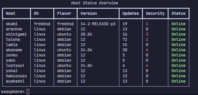 A nice terminal table displaying a lists of servers, their hostname, the operating system they run, the specific flavor of it and version.

it also shows the amount of pending system updates to be applied, as well as security updates.

All the hosts show Status as "Online" in green.

Whenever hosts have a non zero amount of updates in the security column, the number is red.

The top header reads "Host Status Overview" in italics.
At the bottom there is a prompt labeled "exosphere" awaiting more commands.